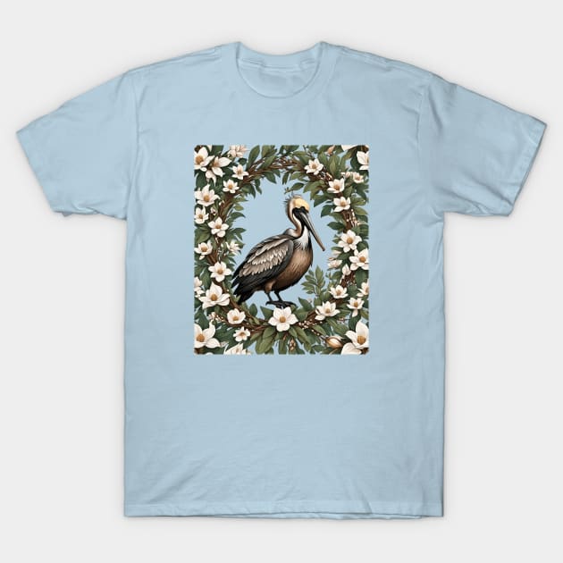 Pelican Bird Surrounded By Magnolia Flowers T-Shirt by taiche